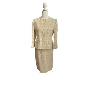 Evan Picone Brocade Two Piece Suit Ivory White Gold Metallic Size 6P